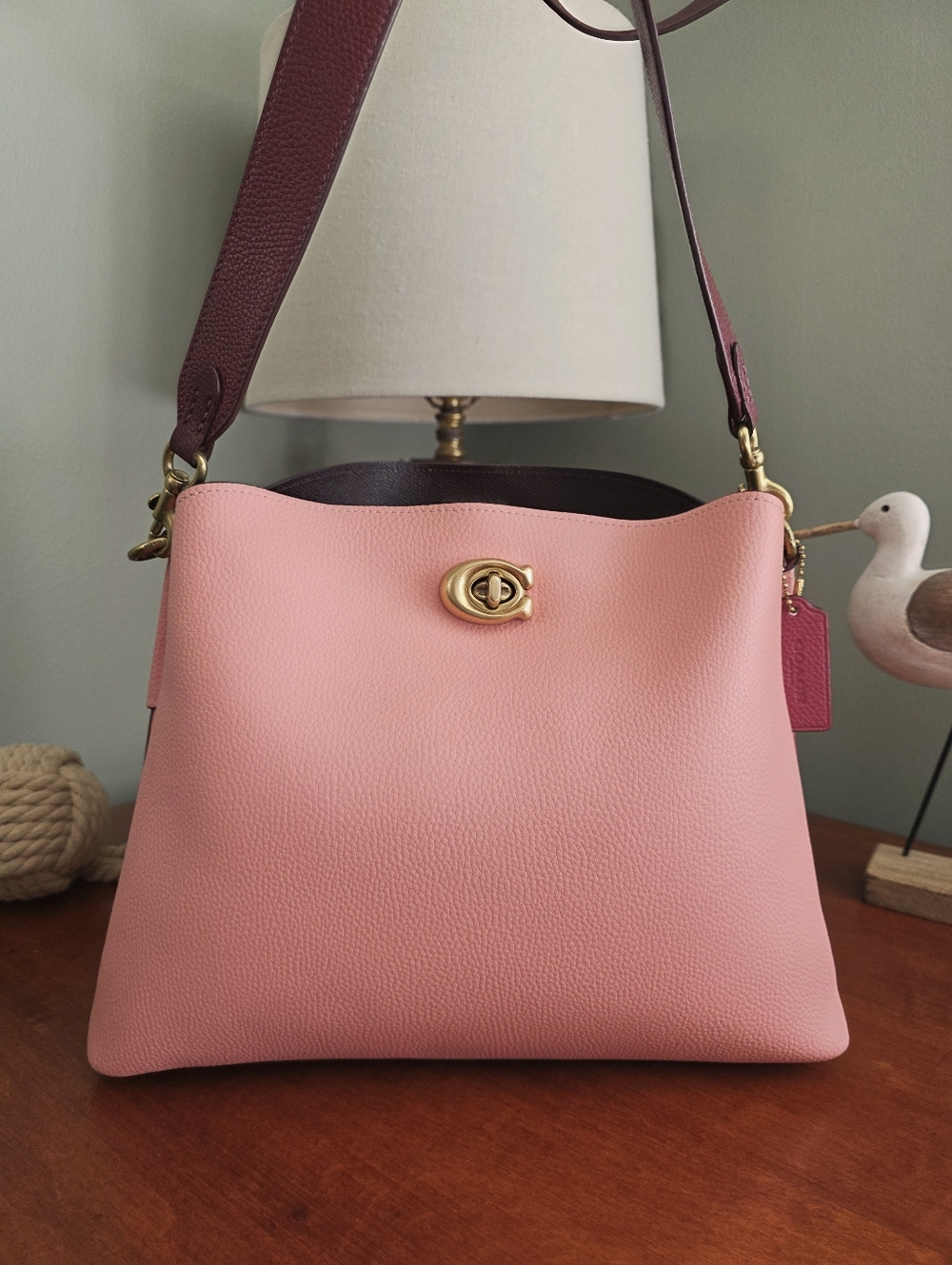 Coach C2590 Willow Colorblock Pebble Leather Shoulder Bag Pink Burgundy